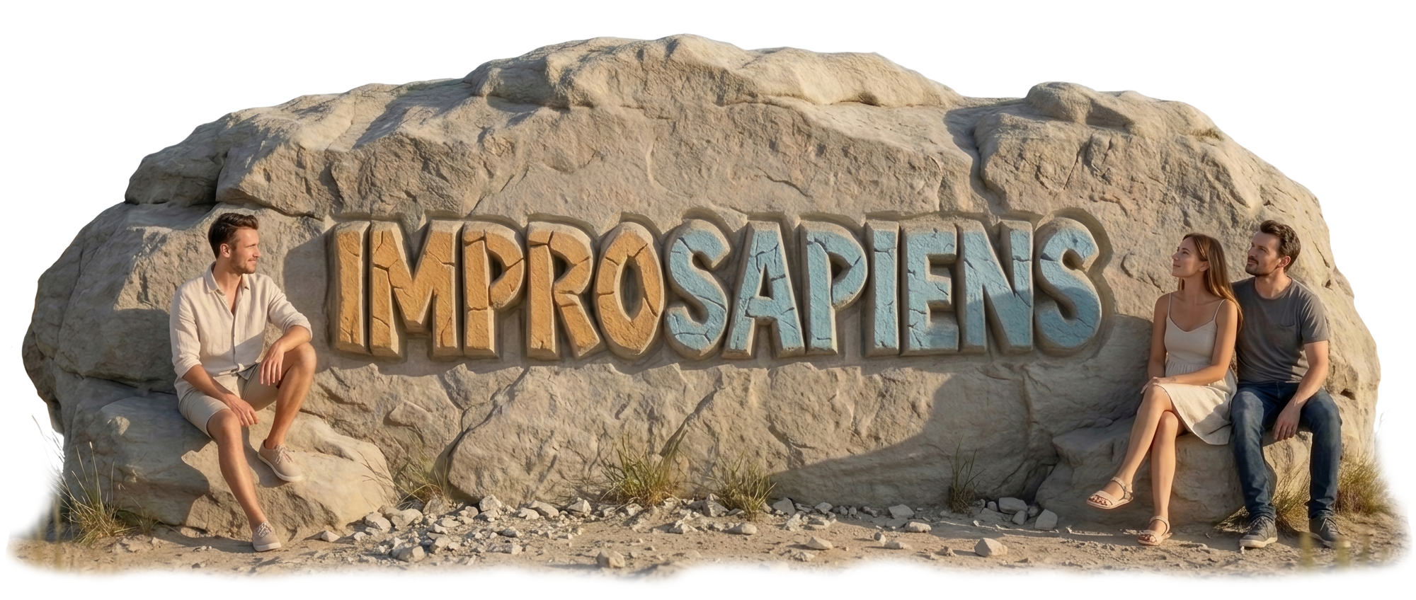 Kamień z napisem IMPROSAPIENS, wokół roześmiani ludzie
